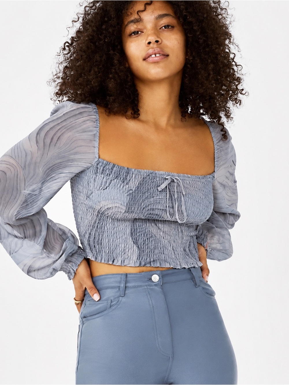 Wilfred Saga Blouse Granite Blue Smocked Puff Sleeve Crop Top Fairycore M